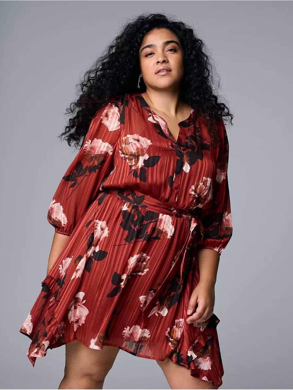 Simply Vera Vera Wang Red Floral Tie-Waist Mini Dress- unlined.